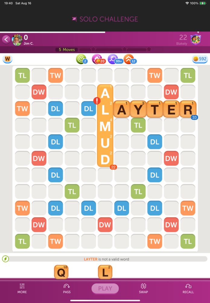 Word With Friends board with “layter” flagged as “not a valid word.”
