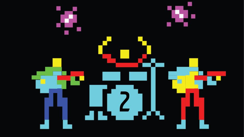 Image shows 8 bit pixellated style picture of the band with fireworks over their heads and the number 2 on the kick drum.