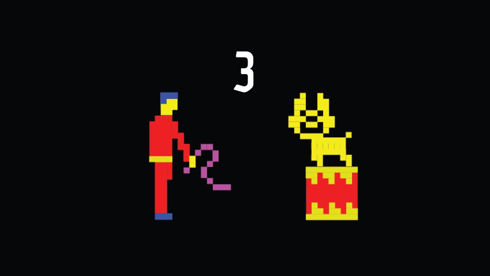 Image shows an 8 bit pixelated dog on a stand with a circus ringmaster standing next to it.