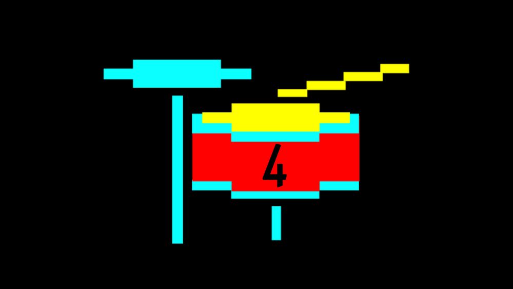 8 bit pixelated picture of a hi-hat, drumstick and drum with the number 4 on it.
