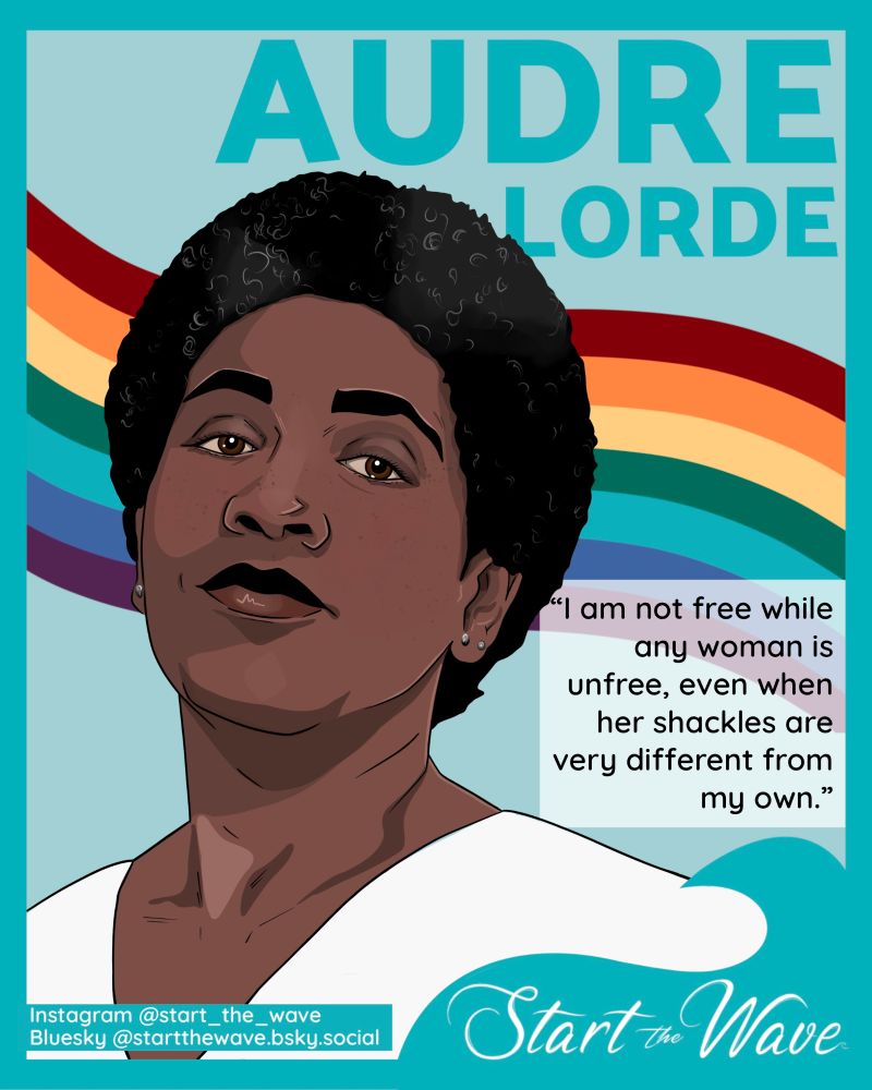 An illustration of Audre Lorde, self-described “black, lesbian, mother, warrior, poet”, sits next to the quote, “I am not free while any woman is unfree, even when her shackles are very different from my own.” Behind Audre, a rainbow in the seven colours that represent each Start the Wave pillar flows across the width of the page. 