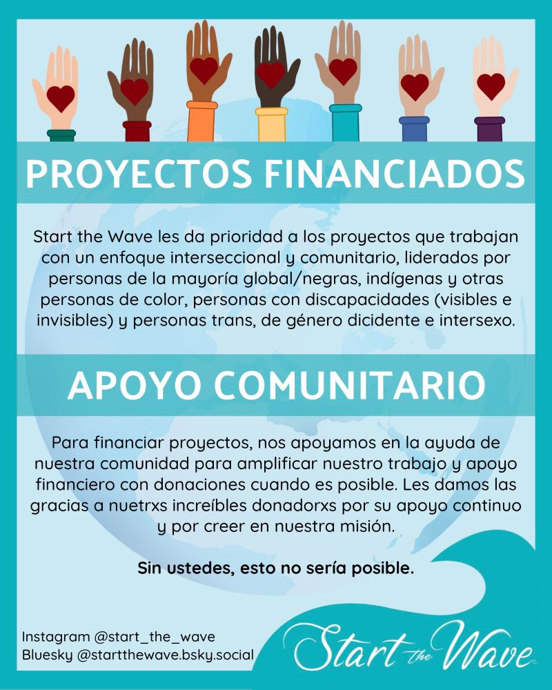 PROYECTOS FINANCIADOS:

Start the Wave les da prioridad a los proyectos que trabajan con un enfoque interseccional y comunitario, liderados por personas de la mayoría global/negras, indígenas y otras personas de color, personas con discapacidades (visibles e invisibles) y personas trans, de género dicidente e intersexo.

APOYO COMUNITARIO:

Para financiar proyectos, nos apoyamos en la ayuda de nuestra comunidad para amplificar nuestro trabajo y apoyo financiero con donaciones cuando es posible. Les damos las gracias a nuetrxs increíbles donadorxs por su apoyo continuo y por creer en nuestra misión. Sin ustedes, esto no sería posible.