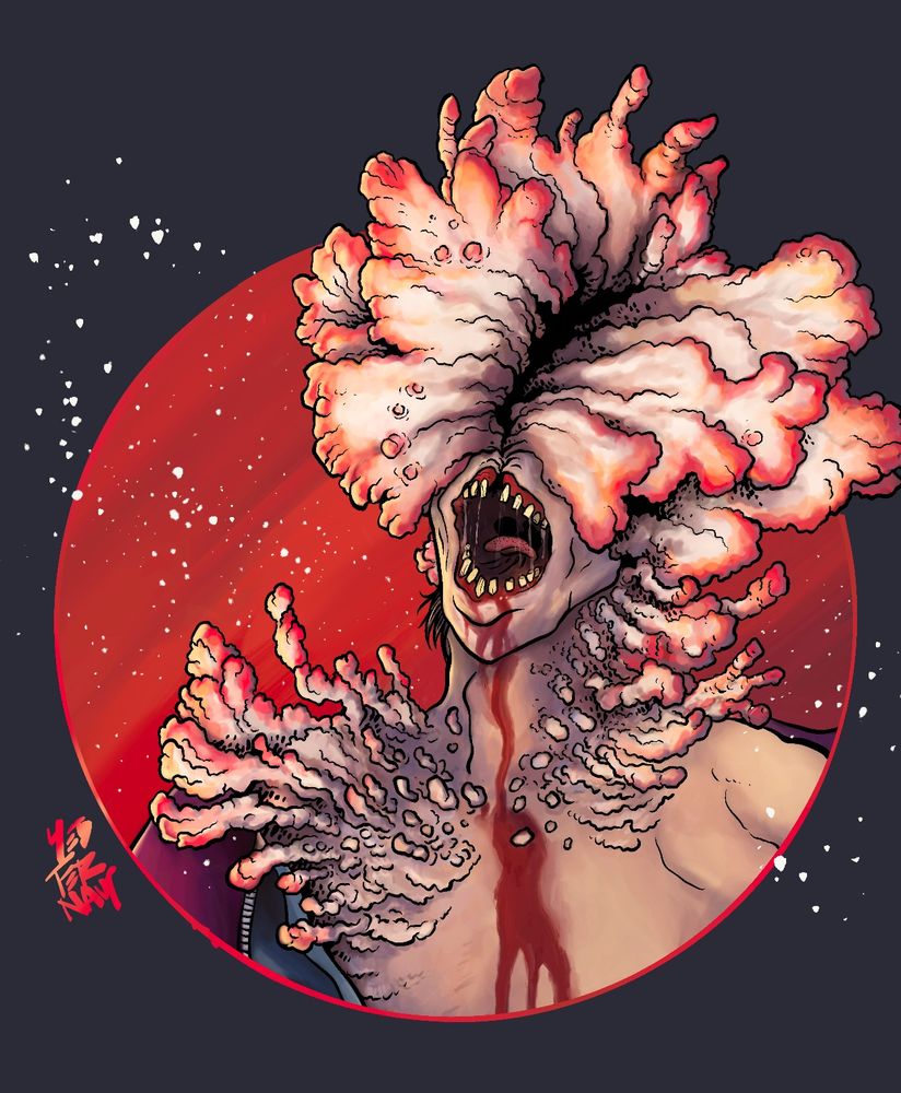 A fanart illustration of a clicker monster from The Last of Us. They have fungal growths coming out of their faces and this one has lots of spores around it in the air. It’s opening its mouth menacingly to bite the viewer. It’s not my best work but it’s okay. Reds oranges and blues in the colour scheme. 