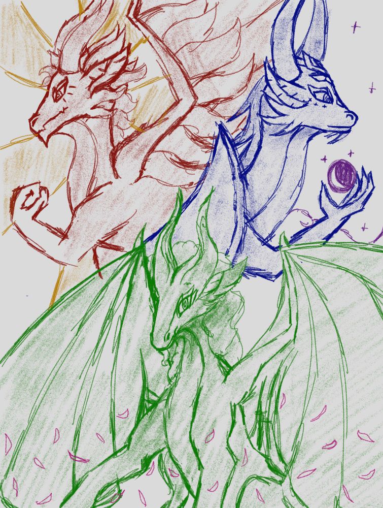 The 3 primordial dragons of Akloheina. Haul (sun dragon, red) Menodor (moon dragon, blue) and Gaia (earth dragon, green)