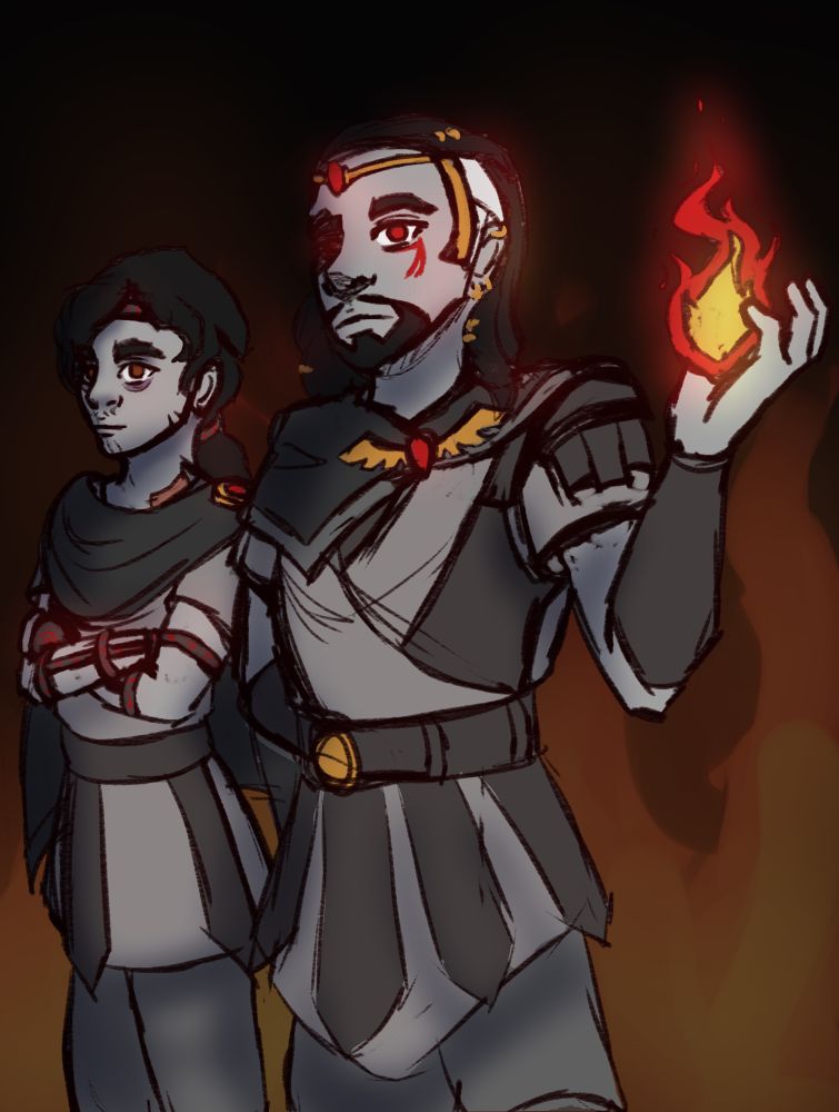 Admenos stands in front holding a flame in his hand looking down at the viewer while Orion stands behind him attempting to look tough