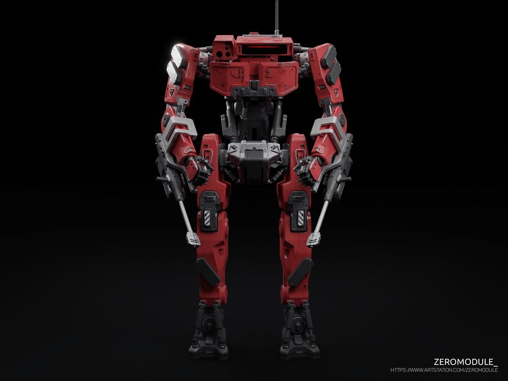 Heavy red robot dual wielding machine guns. View from the front.