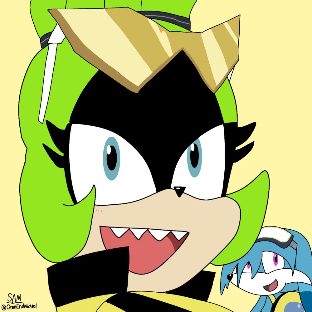 A drawing featuring Surge the Tenrec and Kit the Fennec from IDW Sonic the Hedgdhog. Surge is drawn in a manner much like she appears in the famed panel from Issue 70 where she goes "WE'RE HEROES!" while Kit is drawn similar to how he looks in the panel just before that but with an even bigger smile and his eyes are lighting up.