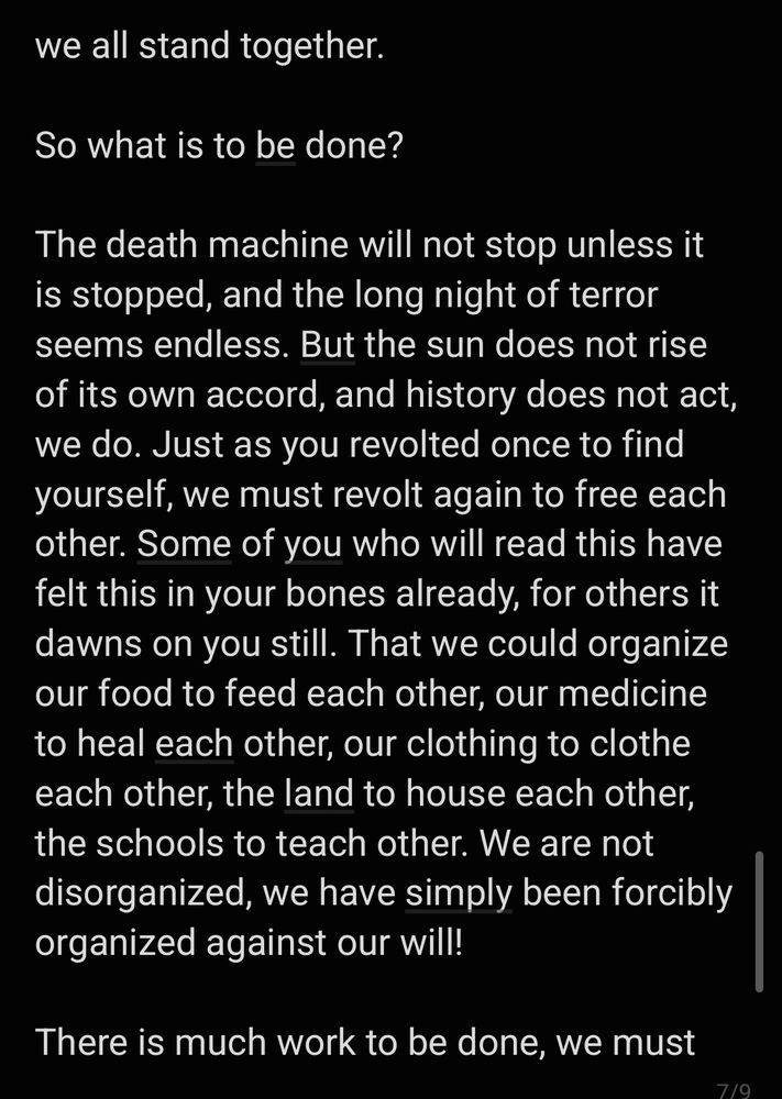 we all stand together. 

So what is to be done?

The death machine will not stop unless it is stopped, and the long night of terror seems endless. But the sun does not rise of its own accord, and history does not act, we do. Just as you revolted once to find yourself, we must revolt again to free each other. Some of you who will read this have felt this in your bones already, for others it dawns on you still. That we could organize our food to feed each other, our medicine to heal each other, our clothing to clothe each other, the land to house each other, the schools to teach other. We are not disorganized, we have simply been forcibly organized against our will! 

There is much work to be done, we must 
