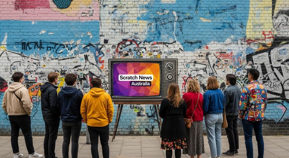 The image promotes the website scratchnews.io
A bright Melbourne, Australia, lane way with a brick wall and a graffiti artwork background. In the middle a retro 1970s TV screen is painted on the wall.A purple orange geometric pattern is on the screen, with the words "Scratch News Australia" in black and white. Wooden legs are positioned below the TV screen as if they are supporting the artwork on the wall. A group of people are gathered admiring the artwork. 