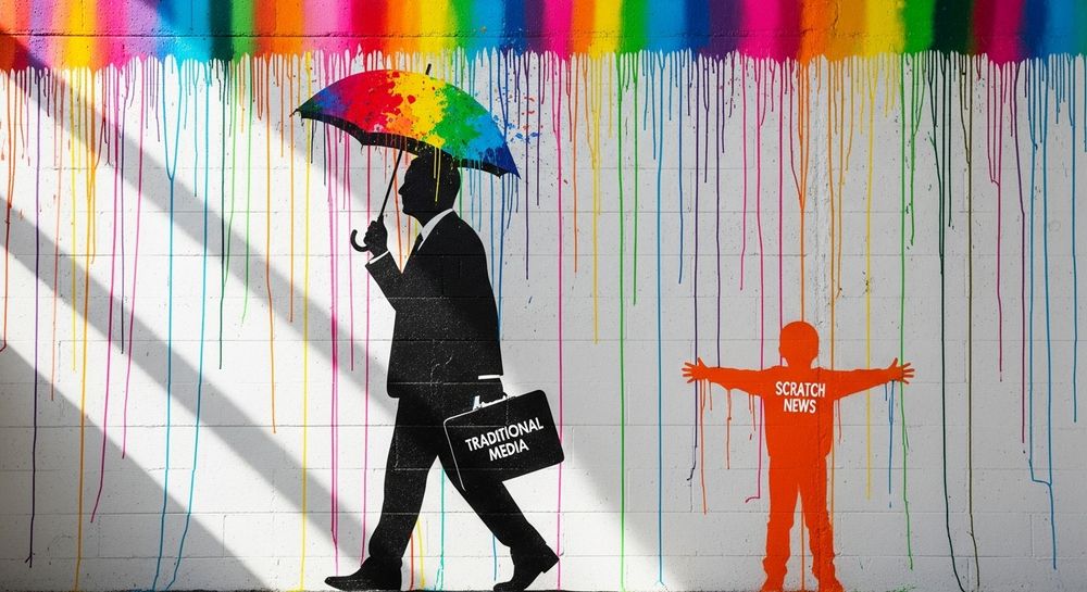 The image is promoting Scratch News Australia at scratchnews.io
The image is outdoors with light shining on from the left. A rainbow of paint drips down a white brick wall.
A businessman in a black and white suit walks along towards the left with an umbrella protecting him from the paint. He is carrying a black briefcase with the words "Traditional Media" written on it in white text. 
Behind him, on the right a smaller person is standing out in the paint drips, absorbing all the colours, and wearing an orange t-shirt with the words “Scratch News” displayed.