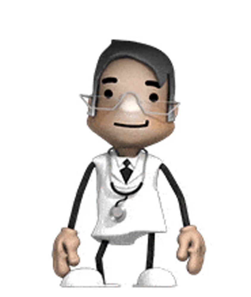 a cartoon doctor with a stethoscope and goggles is waving his hand .