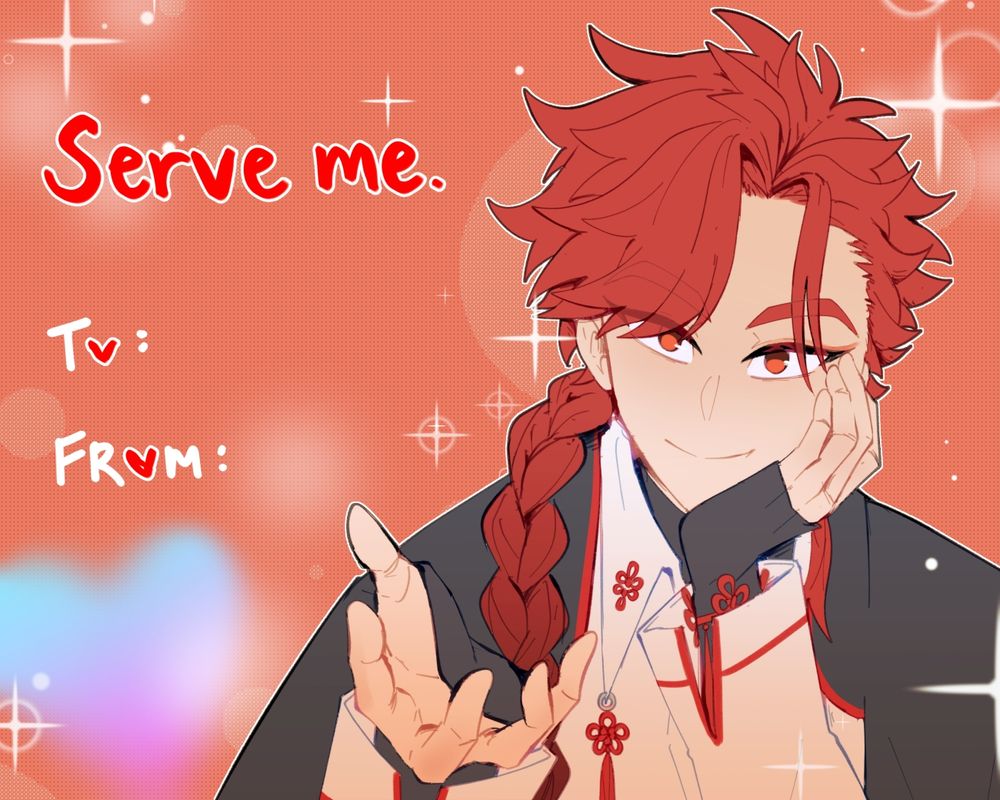 Valentines card with vein holding his hand out. Text says: Serve me.