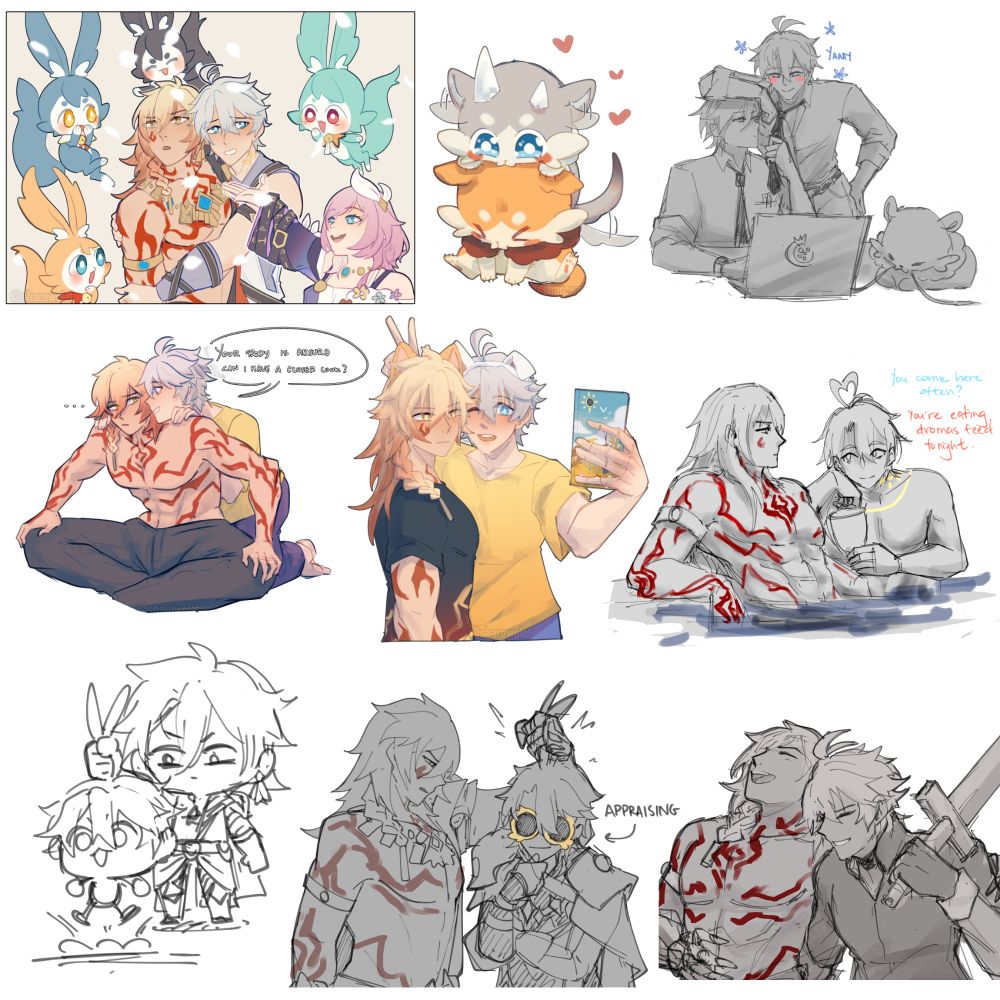 Row 1: 1) Mems surrounding flustered phainon and confused mydei with cyrene throwing flower petals into the air. 2) phaidei chimeras. 3) office au with mydei about to choke phainon with his tie
Row 2: 1) phainon leaning over shirtless mydei "your body is absurd, can I get a closer look?" 2) selfie with cat and dog ears 3) sitting in the baths, phainon "you come here often?" Mydei "you're eating dromas feed tonight"
Row 3: 1) mydei yoinking radish phainon out of the ground by his ahoge 2) mydei yoinking phainon by the ahoge as he stares at mydei's pecs with sunglasses on 3) shoulder to shoulder laughing after sparring