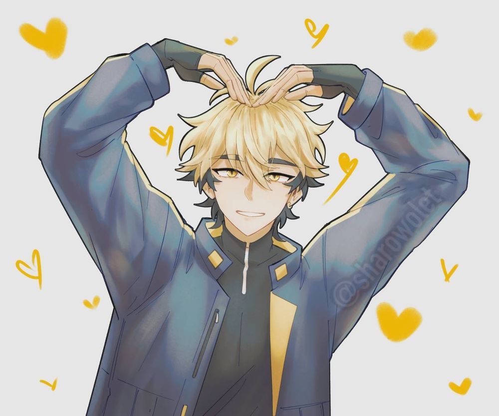 digital drawing of xia fei waist up making a heart sign with his arms over his head