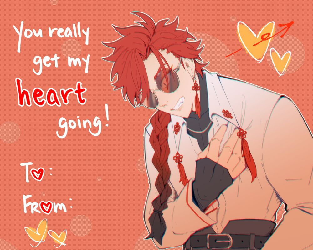 Valentines card with vein doubling over with his hand clutching over his heart. Text says: you really get my heart going!