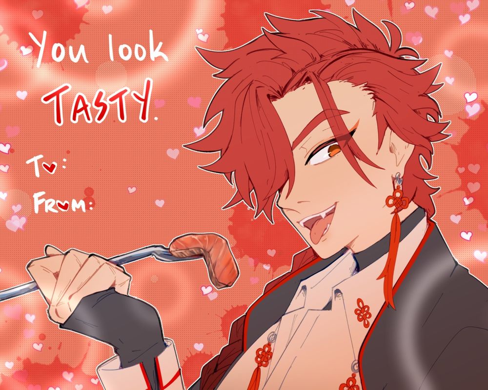 Valentines card with vein holding a fork with a piece of meat on it. Text says: you look tasty