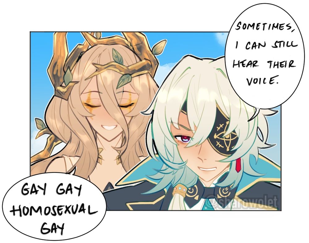 Meme redraw of anaxa saying "sometimes I can still hear their voice" and cerces behind him saying "gay gau homosexual gay"