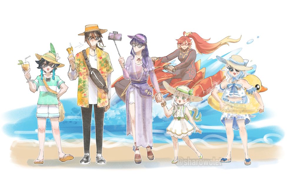 Current archons in casual vacation outfits at the beach. Venti, zhongli, raiden shogun, nahida, and furina are standing and posing in front of the water. Mavuika is in the back riding a jet ski in a wetsuit.