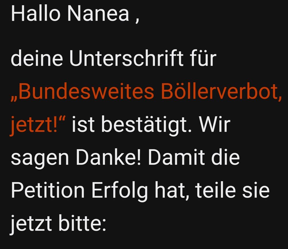 Hallo Nanea ,

deine Unterschrift für „Bundesweites Böllerverbot, jetzt!“ ist bestätigt. Wir sagen Danke!