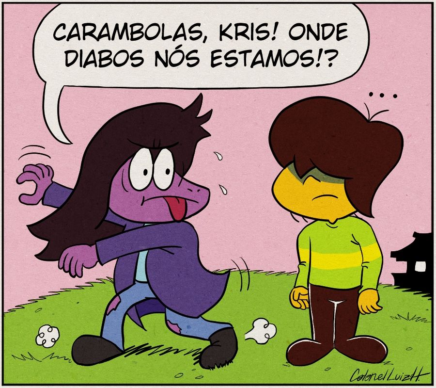susie e kris de deltarune desenhados no estilo da turma da mônica. susie está em pose de surpresa falando "carambolas, kris! onde diabos nós estamos!?". (out/21)
