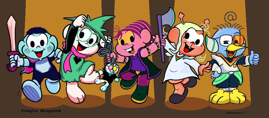 pngs do cascão, cebolinha, mônica, magali e bloguinho com os visuais dos personagens kris, ralsei, susie, noelle e berdly