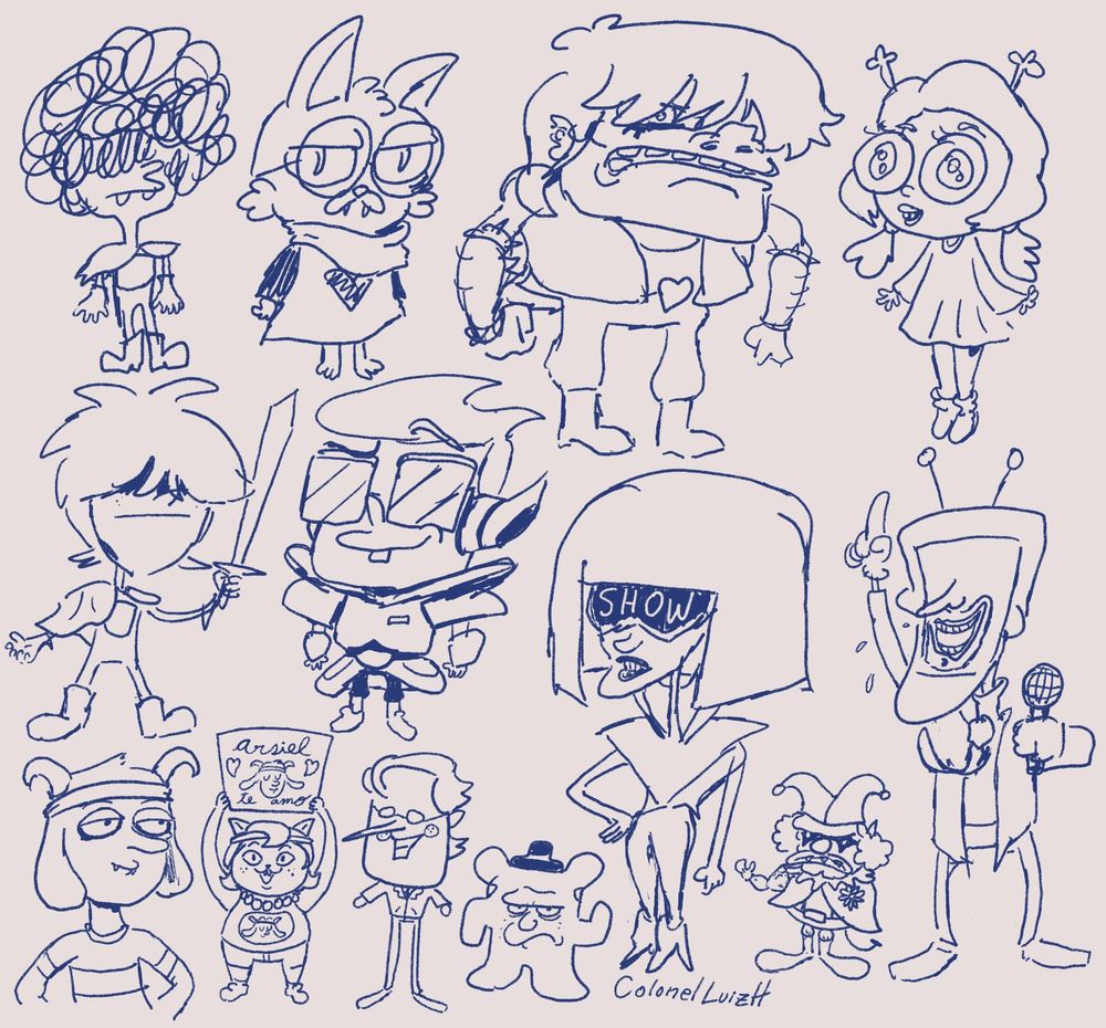 rascunhos de personagens de irmão do jorel como se fossem de deltarune. irmão do jorel e lara - kris; yuki - ralsei; samantha - susie; ana catarina - noelle holiday; william shostners - berdly; dra suzana - the queen; roberto perdigotto - tenna; jorel - arsiel; débora - catty; executivo shostners - spamton; wonderlay - jigsaw joe; rambozo - jevil