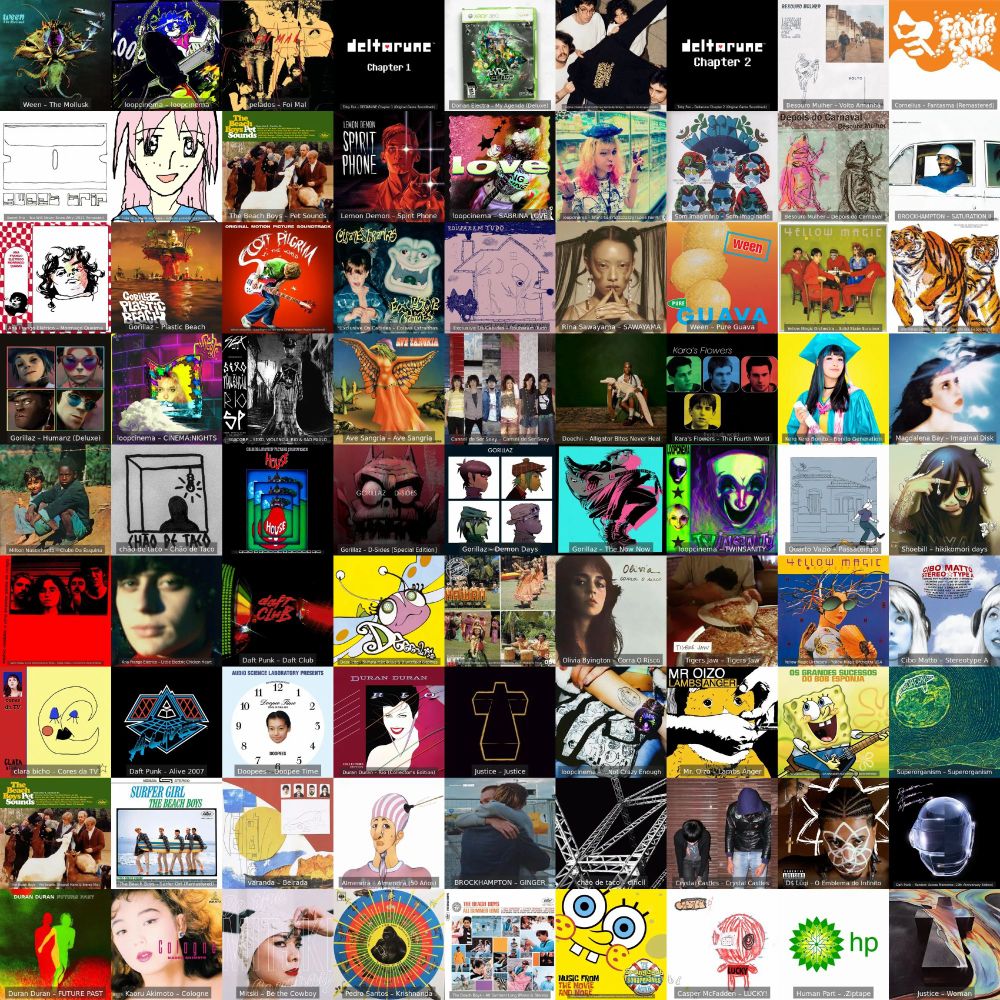colagem 9x9 de capas de álbum do last fm. o top 5 mais ouvidos contém ween, loopcinema, pelados, deltarune e dorian electra