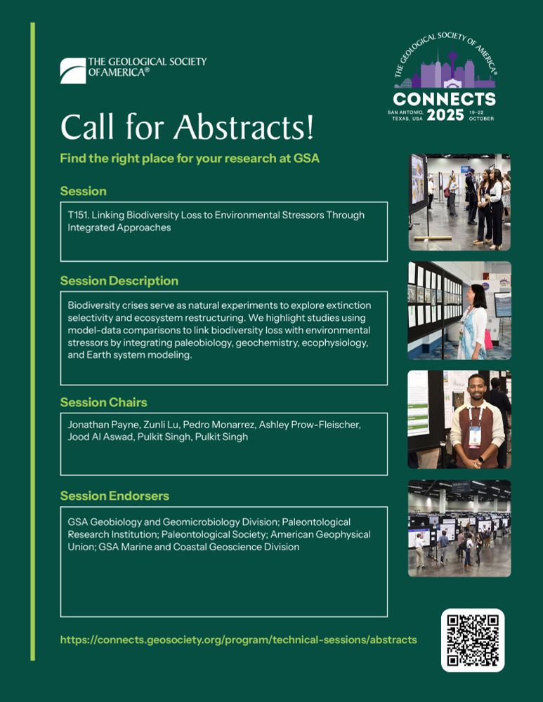 Green-colored flyer depicting information for the GSA Connects 2025 topical session T151, titled: “Linking Biodiversity Loss to Environmental Stressors Through Integrated Approaches”.