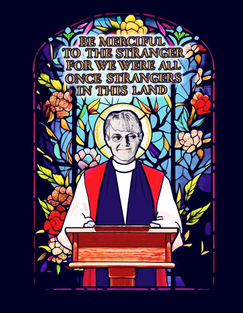 A stained glass representation of Bishop Mariann Edgar Budde.
The text reads "Be merciful to the stranger
For we were all once strangers in this land"