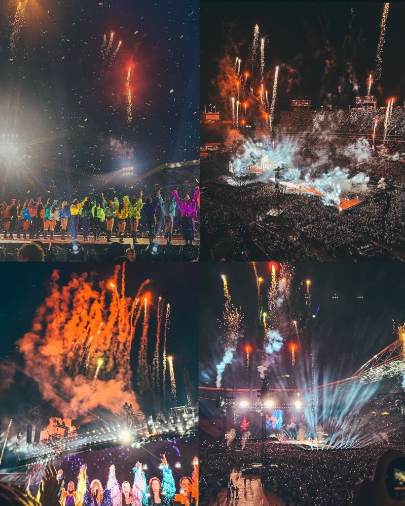 A collage of four images shows the eras tour show with colorful fireworks, bright stage lights, and large crowds. Taylor Swift and her eras tour dancers are in colorful outfits are seen on stage, entertaining an enthusiastic audience at a stadium.