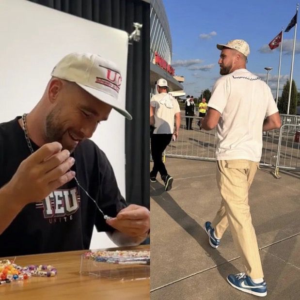 Travis Kelce wearing a white cap and T-shirt is seen in two settings: on the left, he is smiling while making beaded jewelry; on the right, he is walking outdoors, wearing beige pants and blue sneakers.
