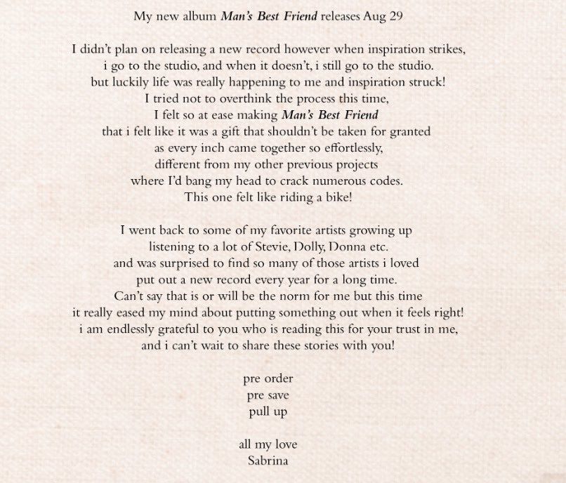 A typed letter on textured paper announces the release of Sabrina’s new album, Man’s Best Friend, on August 29. Sabrina reflects on inspiration, gratitude, and shares a heartfelt message to listeners.