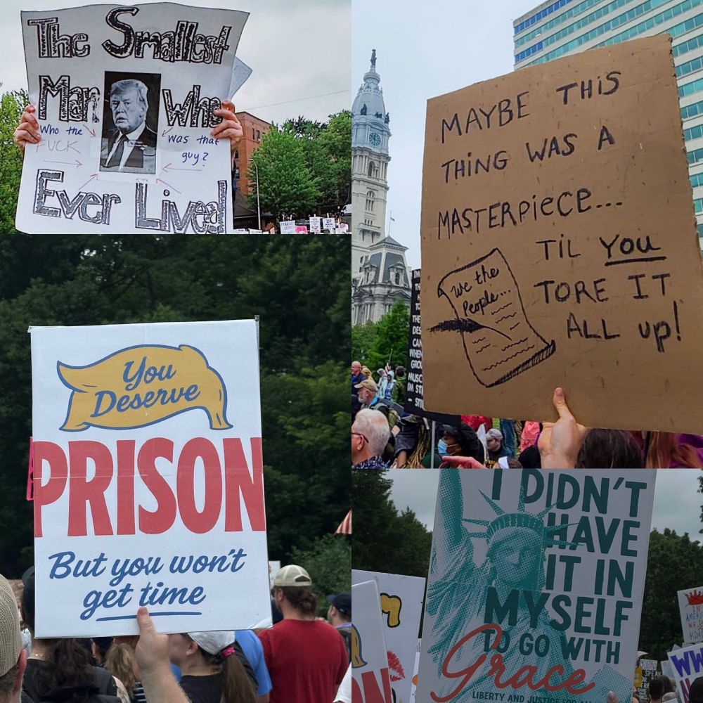 A collage of protest signs criticizing Donald Trump, including slogans like “The smallest man who ever lived,” “You deserve prison but you won’t get time,” “Maybe this thing was a masterpiece ‘til you tore it all up!” and others.