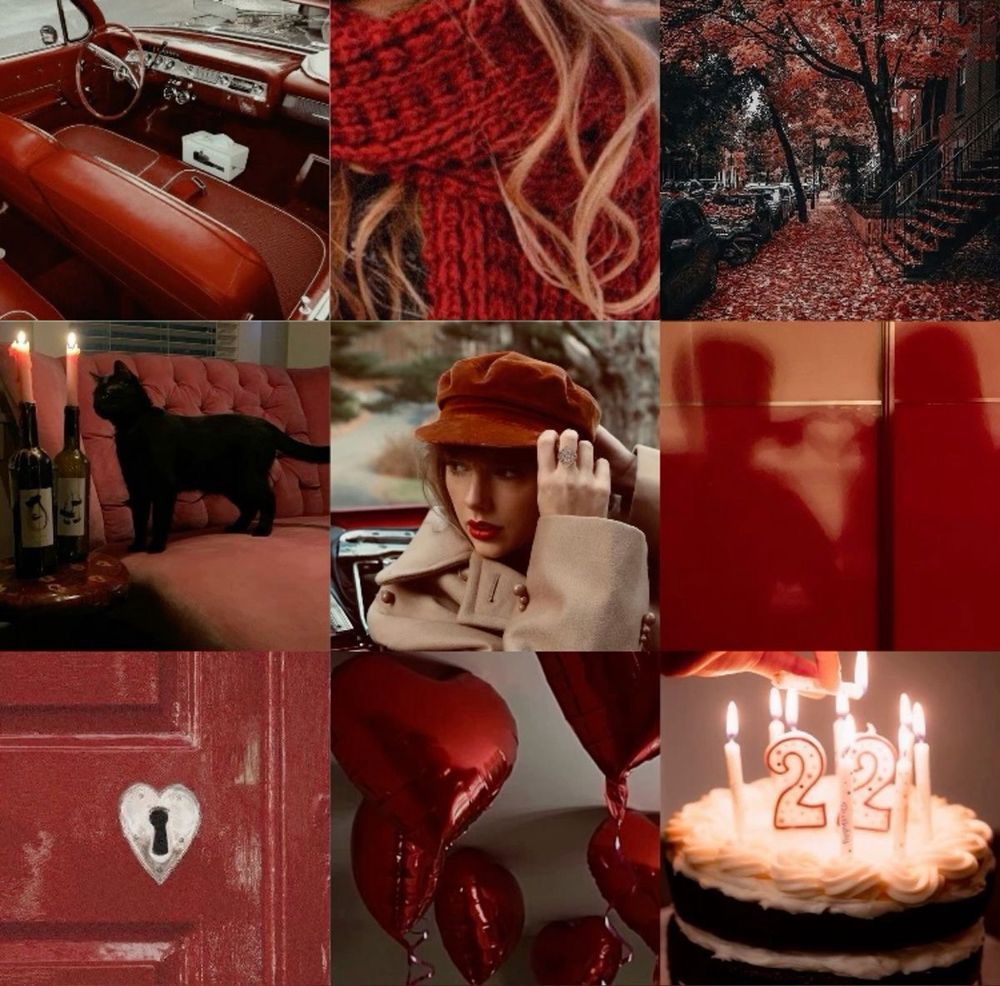 A nine-image collage with a red theme: a red car interior, a red scarf, a red-leaved street, a black cat by candles, Taylor Swift in a red hat, two red lipstick tubes, a red door lock, heart-shaped red balloons, and a cake with number 22 candles.