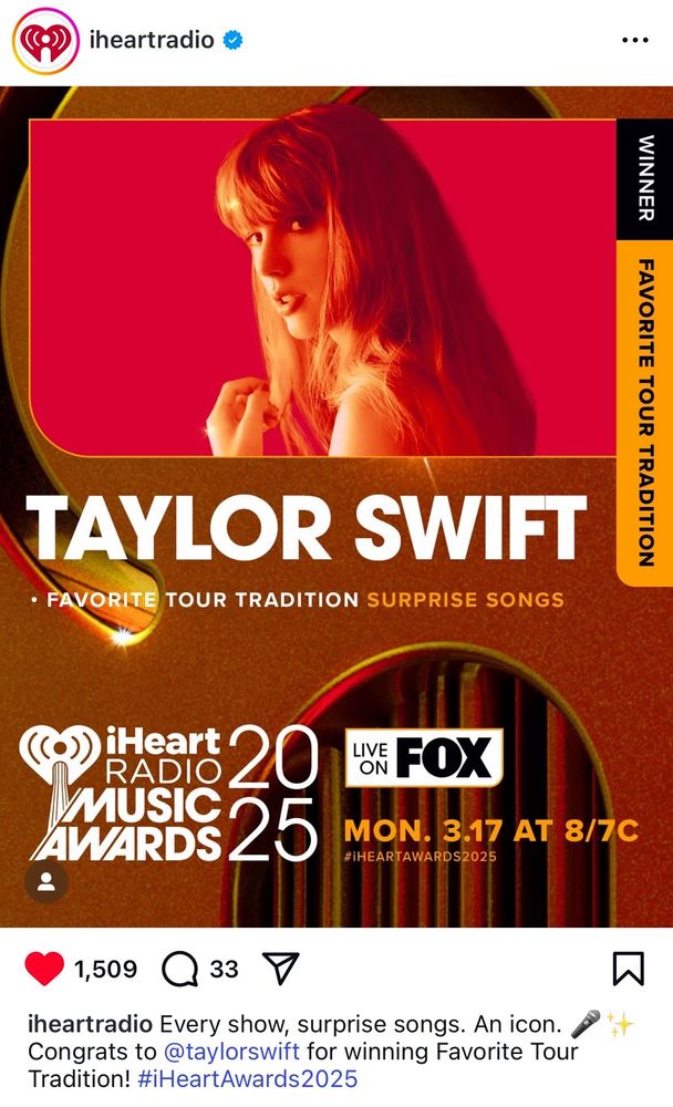 Taylor Swift, winner of Favorite Tour Tradition for Surprise Songs at the 2025 iHeartRadio Music Awards. 
