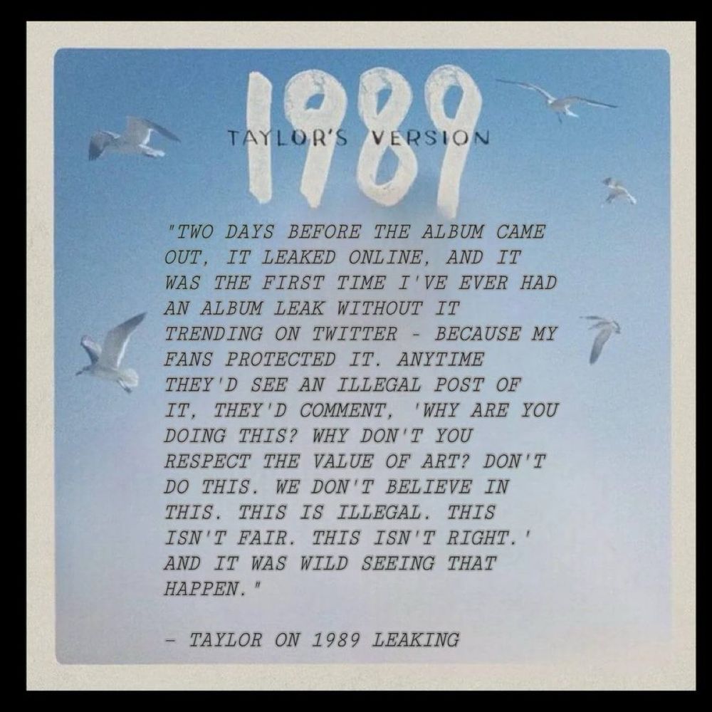 A quote from Taylor Swift on a blue sky background with flying seagulls. The text discusses her album 1989 leaking online, fan reactions, and the importance of respecting art. “TAYLOR’S VERSION” is written at the top.