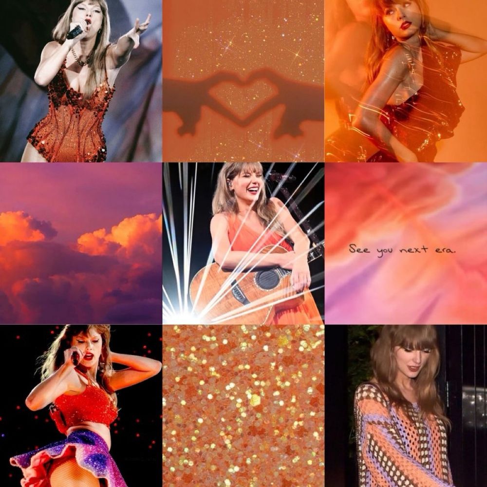 A collage of nine images featuring Taylor Swift performing in sparkly outfits, orange and pink themed backgrounds, a heart silhouette, glitter, clouds, and handwritten text that says “See you next era.”.