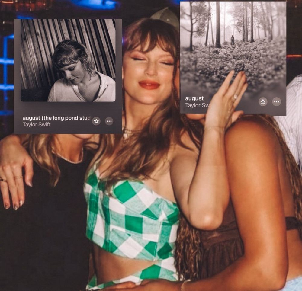 Three women (Taylor swift included) posing together at a party; two have their faces covered by Spotify screenshots of Taylor Swifts song august. Taylor Swift in the middle wears a green and white checkered outfit and smiles at the camera.