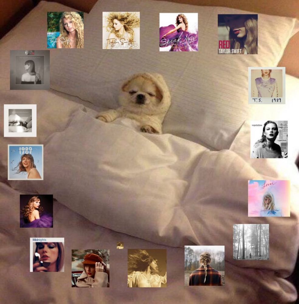 A small dog tucked under white blankets on a bed, surrounded by Taylor Swift album covers arranged in a circle around it.