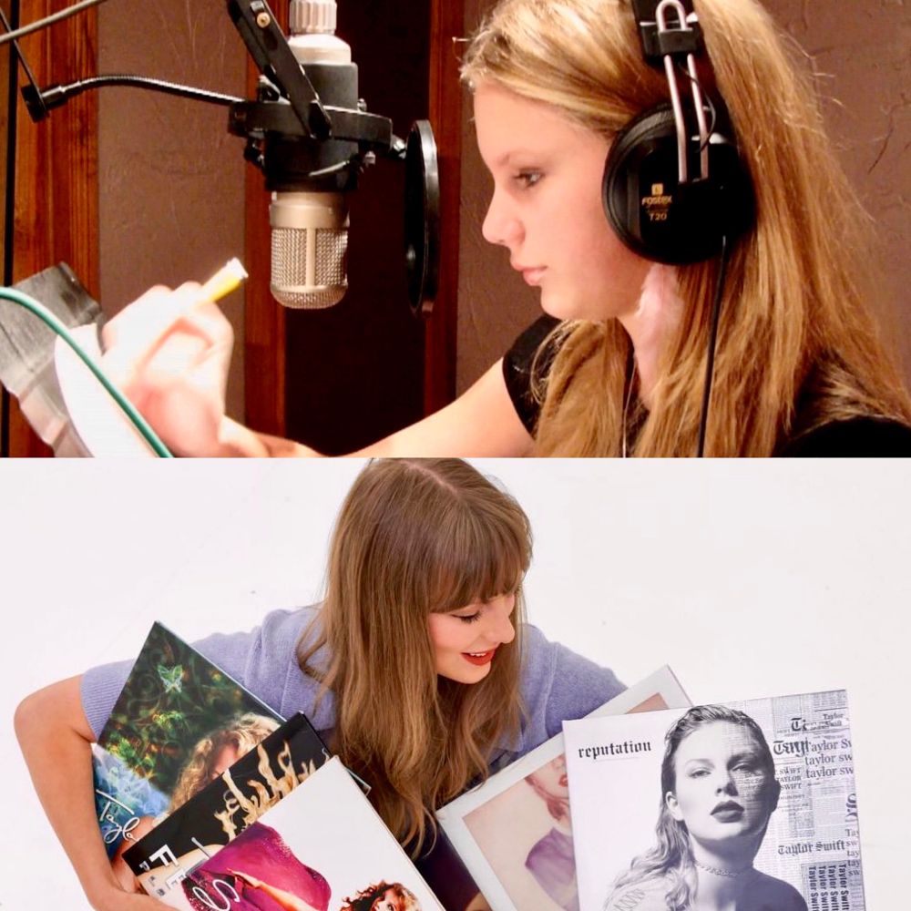 A split image: Top—Taylor Swift in headphones writes with a pencil in a recording studio. Bottom—Taylor Swift, older, smiles while holding several vinyl records featuring her album covers.