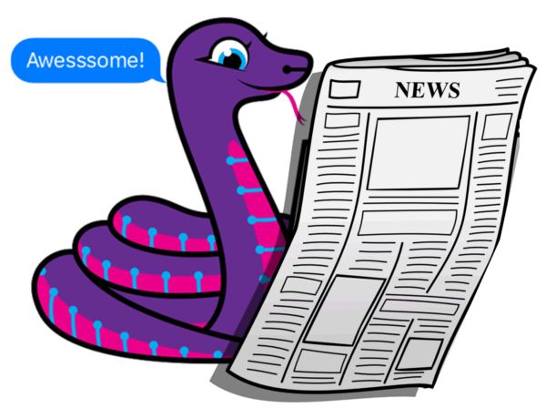 Python snake reading the weekly Python on Microcontrollers newsletter