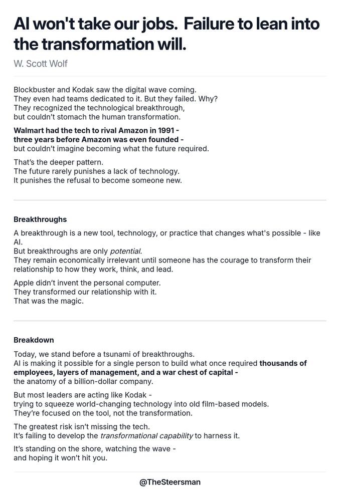 A screenshot essay titled 'AI won't take our jobs. Failure to lean into the transformation will.' discusses how companies like Blockbuster and Kodak recognized technological advances but failed to adapt to the necessary human transformation. It elaborates on Walmart's missed opportunity to rival Amazon and emphasizes that future challenges punish the refusal to evolve rather than a lack of technology. The essay outlines breakthroughs as new tools that require a change in mindset to be economically relevant, highlighting Apple's success in transforming relationships with technology. It warns of today's risk of leaders clinging to outdated models instead of embracing transformative capabilities, likening this to standing on the shore, unprepared for an impending wave.
