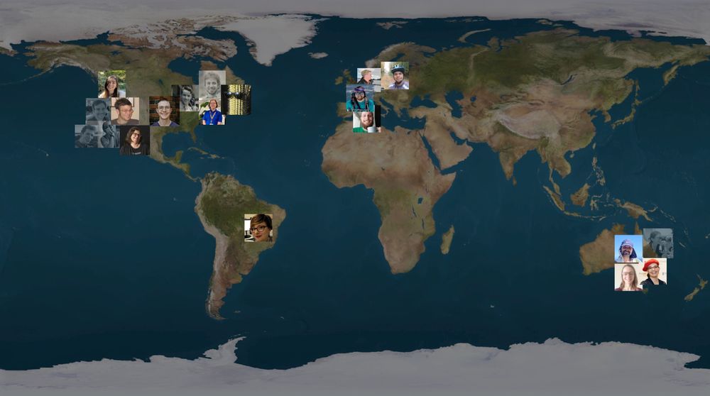 World map with pictures of past (black and white) and present core team member photos overlaid. Includes: Kira Evans, Nick Sofroniew (emeritus), Kyle Harrington, Alister Burt (emeritus), Loïc Royer (emeritus), Carol Willing, Tim Monko, Andy Sweet (emeritus), Talley Lambert (emeritus), Peter Sobolewski, Ashley "I am not, in fact, a cactus" Anderson, Melissa Weber Mendonça, Kevin Yamauchi, Lorenzo Gaifas, Wouter-Michiel Wierdag, Grzegorz Bokota, Juan Nunez-Iglesias, Genevieve Buckley, Draga Doncila Pop, and Lucy Liu (emeritus).