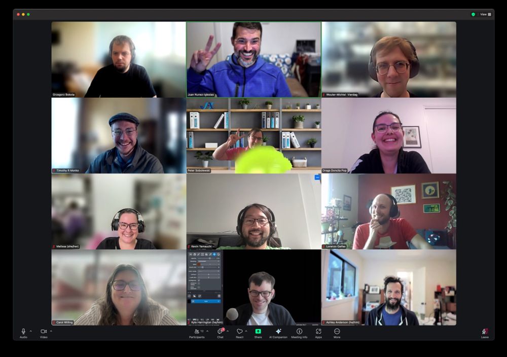 Screenshot of a napari core team meeting on Zoom, including Grzegorz Bokota, Juan Nunez-Iglesias, Wouter-Michiel Vierdag, Tim Monko, Peter Sobolewski, Draga Doncila Pop, Melissa Weber Mendonça, Kevin Yamauchi, Lorenzo Gaifas, Carol Willing, Kyle Harrington, and Ashley Anderson.
