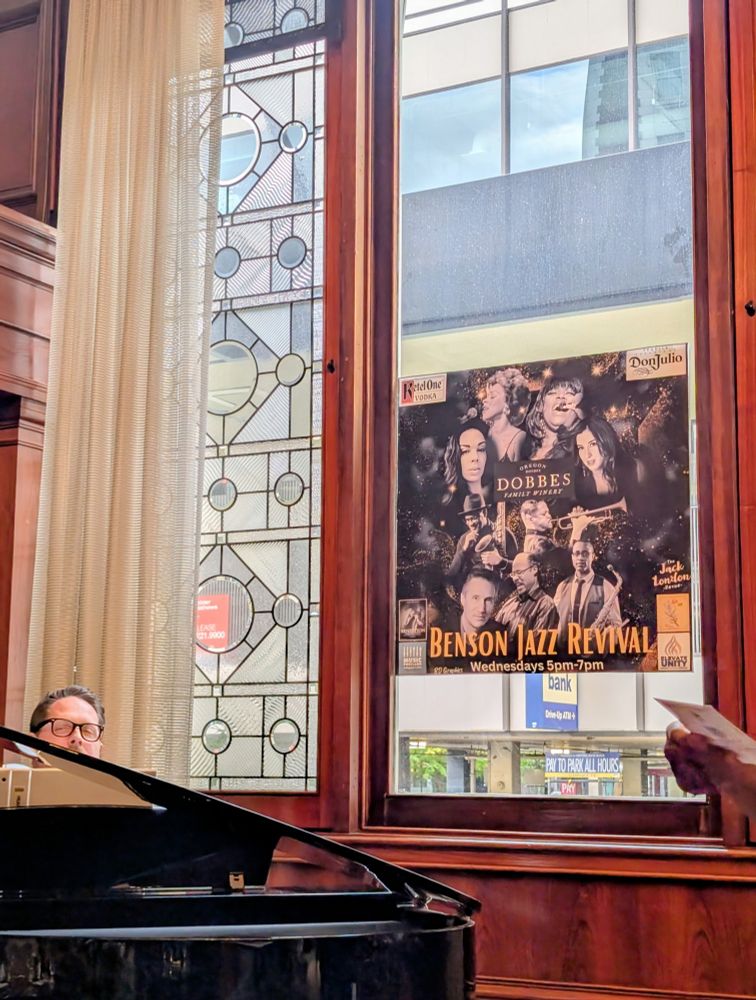 Stained glass windows at Benson Hotel lobby in Portland, Oregon. 