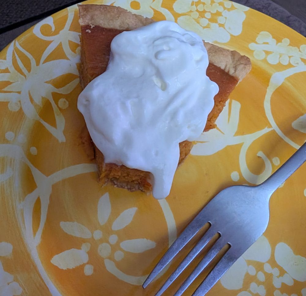 Sweet potato pie slice topped with whipped cream. 
