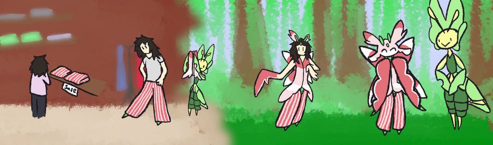 a comic where someone puts on an outfit that transforms them into a lurantis, a leavanny shows up to provid additional pieces, the background shifts from a store to a jungle between panel 2 and 3