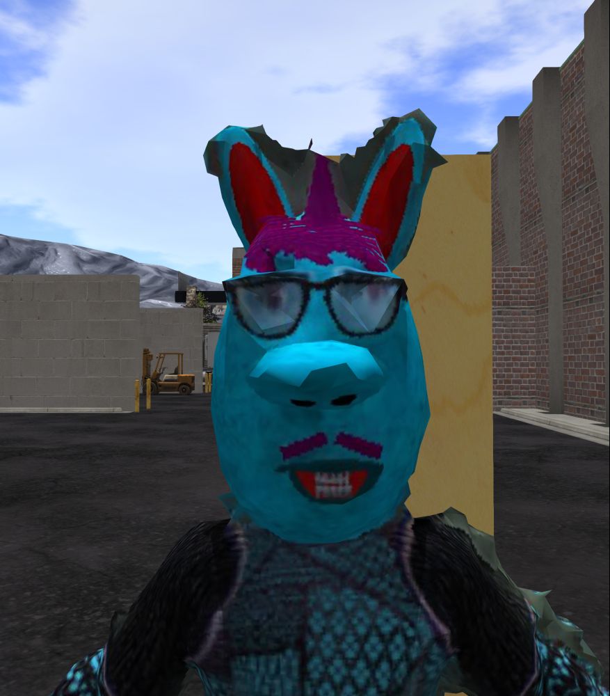 A screenshot from Second Life showing a poor quality model of a blue rabbit man with human glasses and teeth.