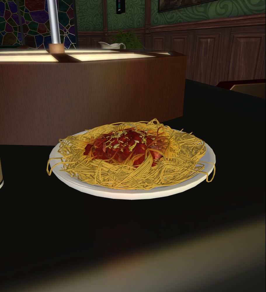 Screenshot from Second Life showing a plate of spaghetti.