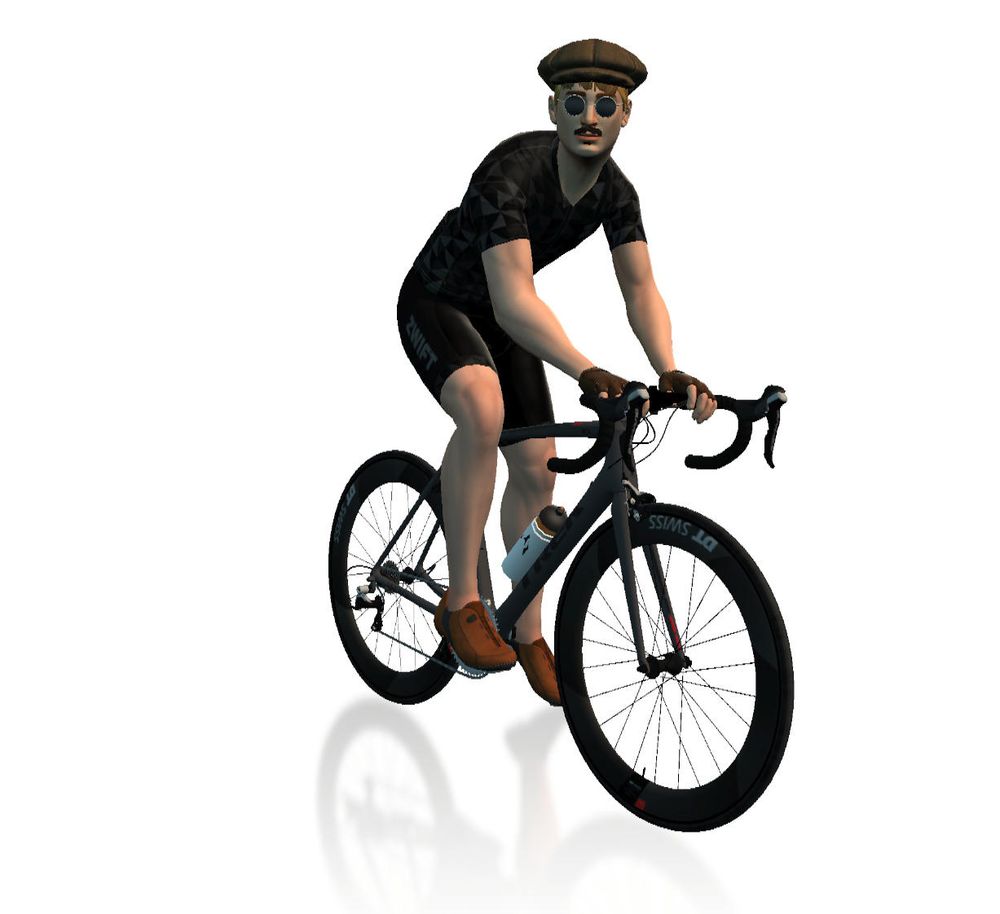 Screenshot from Zwift featuring a man on a bike against a pure white background. The man is wearing tiny round sunglasses, a brown hat.